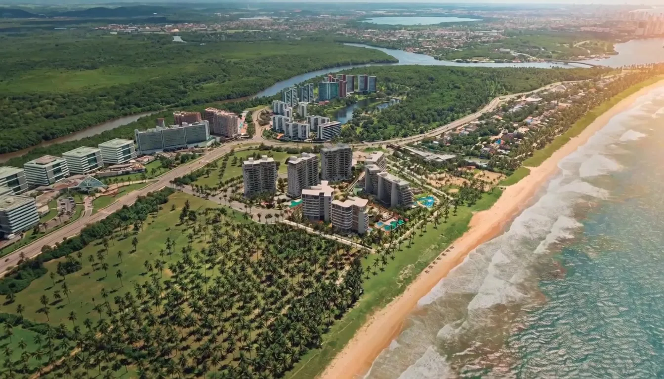 Vista aérea da Reserva do Paiva com muito verde e o mar