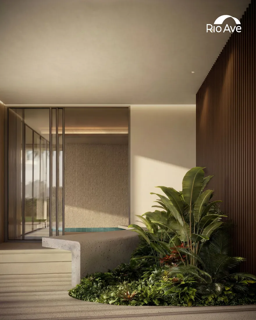 Entrada do wellness com jardim e piscina